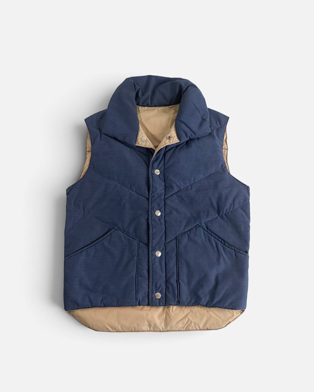Vintage Reversible Navy & Tan Puffer Vest Funnel Neck 70s Gorpcore Gilet Sz S